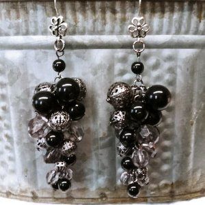 Black & Silver Cascade Earrings Pierced